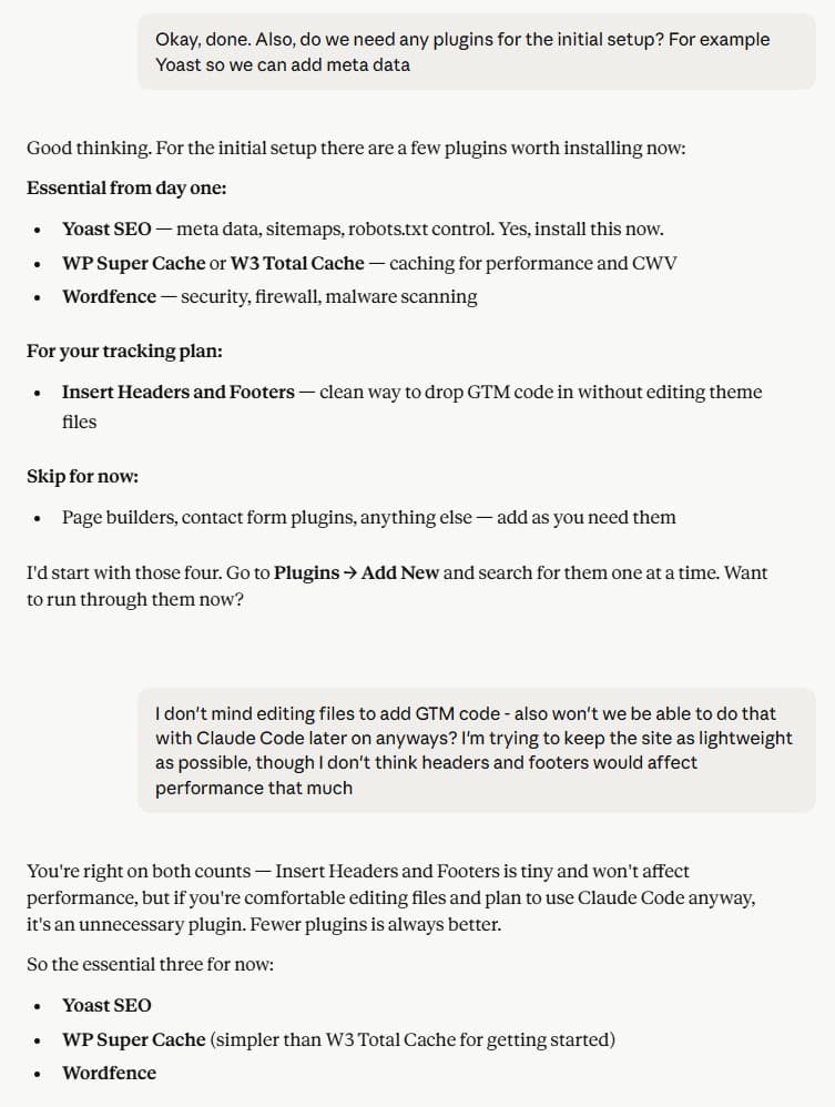 Conversing with Claude regarding my WordPress site setup
